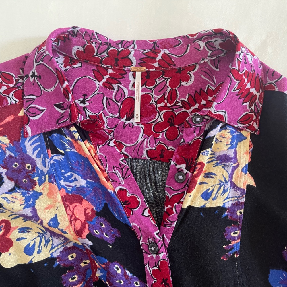 Free People Colorful Floral Long Sleeve Button-Up Dress or Oversized Blouse - Picture 4 of 8
